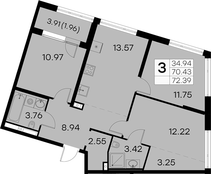 3-комнатная квартира 72.39 м², 2/19 эт., ЖК «GloraX Aura Vasileostrovsky»